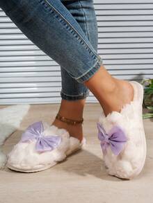 Women's Bow Open Toe Plush Warm Slippers, Comfortable Breathable Indoor House Slippers, Suitable For All Seasons - Purple - View 5