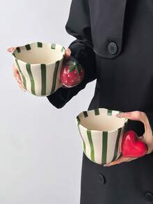 1PC Green Striped 3D Handle Ceramic Mug, Highly Attractive Home Coffee Water Cup, Birthday Gift For Couples - Green - View 7