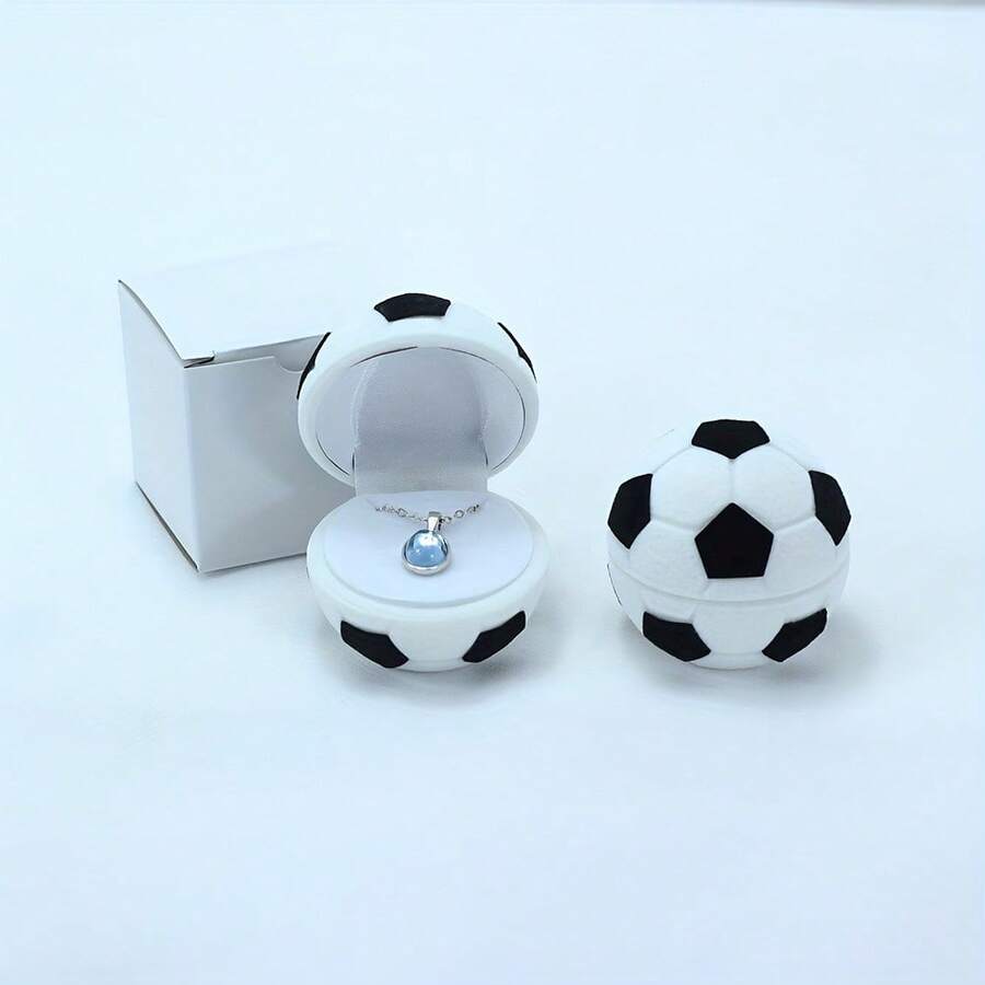 1pc Football Shaped Velvet Jewelry Box, Creative Football Design Small Accessory Storage Box, Soft Lining Ring Earring Necklace Organizer Holder, Sports Theme Jewelry Organizing Container, Suitable For Proposal, Engagement, Birthday Unique Gift Packaging Box, Desktop Decor Small Accessory Storage Box - Football - View 1