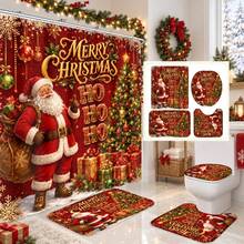 1pc/4pcs Red Background Santa Claus Gift Pattern Multi-Functional Bathroom Decor Shower Curtain Set, Free 12 Hooks, Premium Holiday Atmosphere, Bathroom Mat U-Shaped Floor Mat And Round Toilet Lid Cover, Suitable For All Occasions Decoration, Bathroom Set - Santa Claus Gift Red Background - View 1