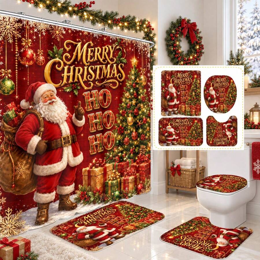 1pc/4pcs Red Background Santa Claus Gift Pattern Multi-Functional Bathroom Decor Shower Curtain Set, Free 12 Hooks, Premium Holiday Atmosphere, Bathroom Mat U-Shaped Floor Mat And Round Toilet Lid Cover, Suitable For All Occasions Decoration, Bathroom Set - Santa Claus Gift Red Background - View 1