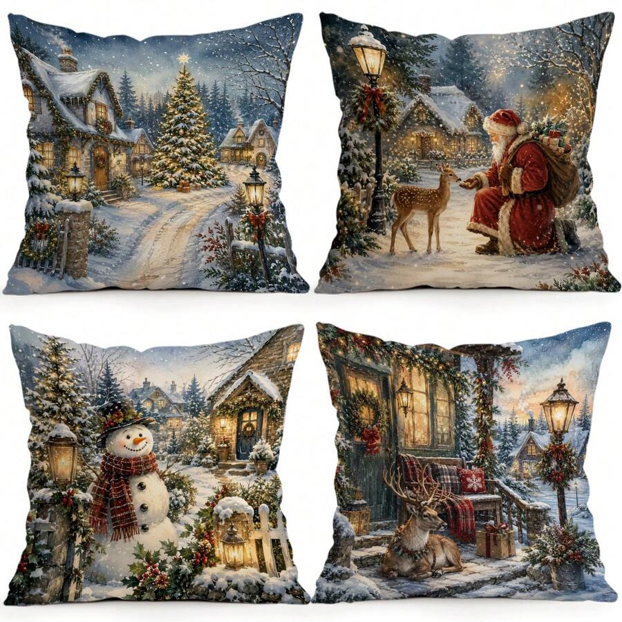 4pcs/1pc Winter Country Christmas Cottage Pattern Pillow Case, Single-Sided Printed Pillow Cover, Suitable For Living Room Bedroom Home Decor, All Season Pillow Case - Multicolor - View 1