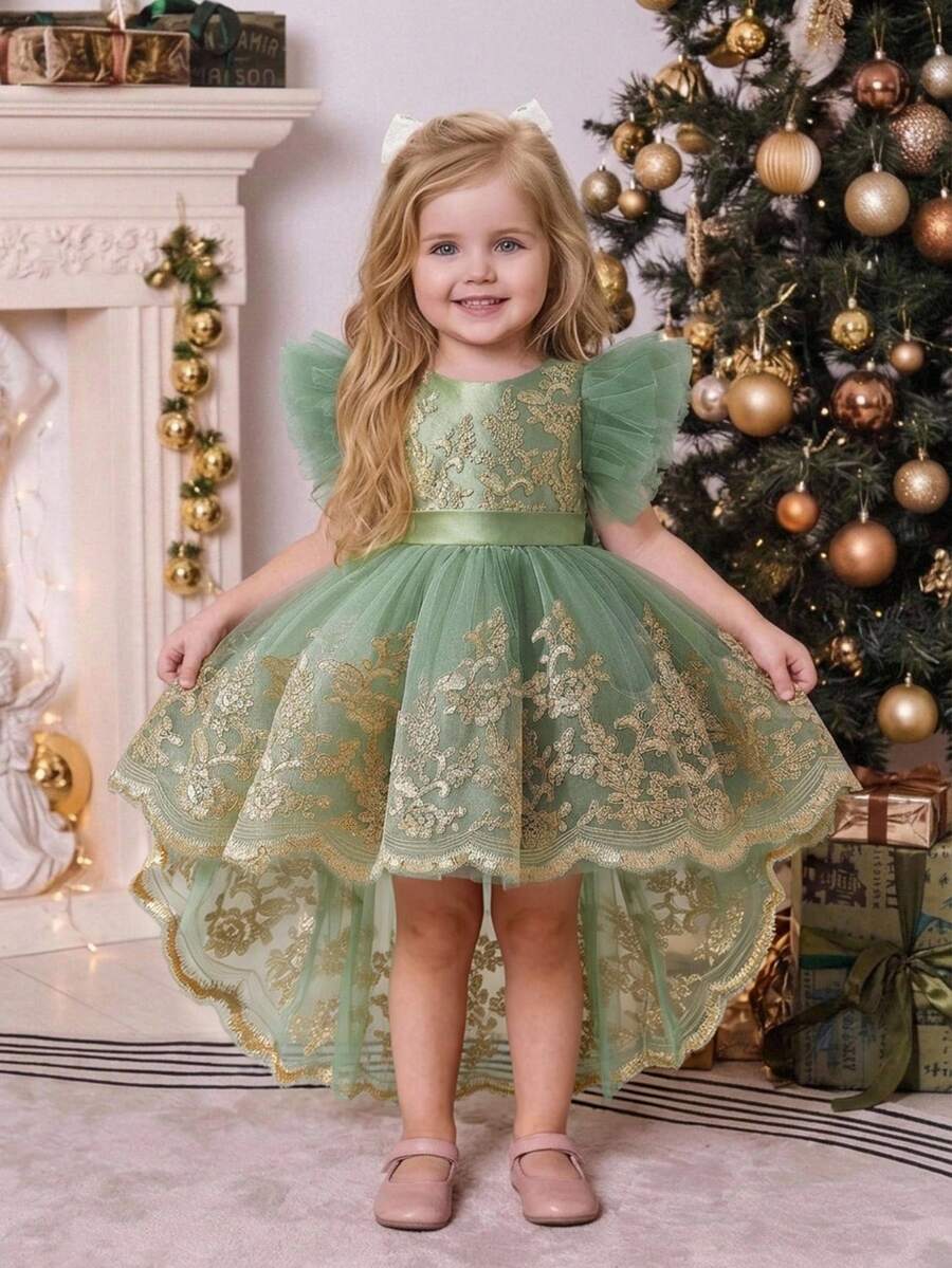Baby Girls Embroidered Butterfly Wedding Flower Girl Princess Dress With Train, Suitable For Party And Vacation, Fabric Pattern Randomly Cut, Headband Not Included - Green - View 1