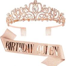 Dekorasi Ulang Tahun Rose Gold untuk Wanita, Selempang dan Mahkota Tiara, Mahkota Selamat Ulang Tahun untuk Wanita Dewasa, Perlengkapan Dekorasi Pesta, Bando Berlian Imitasi, Berkilau - Emas mawar - View 10