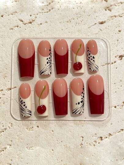 10 Peças Unhas Postiças Retangulares Médias Y2K, Unhas Falsas Reutilizáveis Feitas à Mão, Base Nude com Pontas Francesas Borgonha e Creme, Decoração 3D de Cereja, Estampa de Zebra Preta e Leopardo, Manicure Estilo Ins Doce & Cool, Adequada para Uso Diário, Encontros, Festas, Decoração de Unhas de Outono