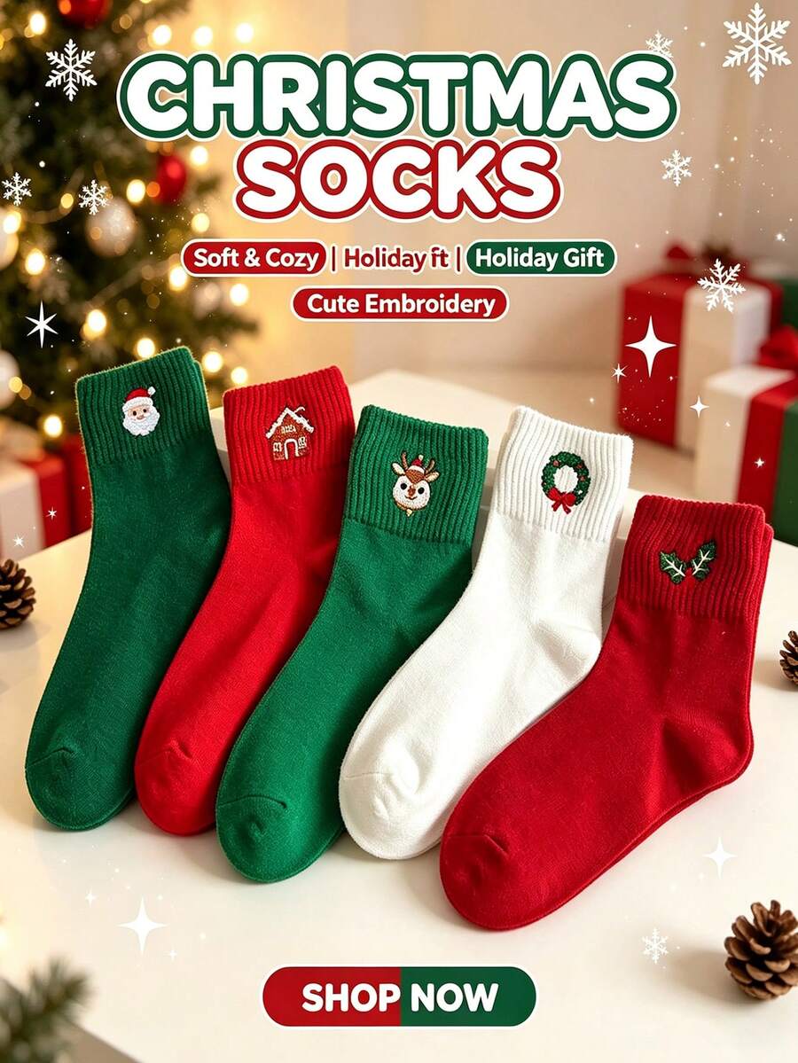 5 Pairs Christmas Embroidered Crew Socks, Cute Cartoon Holiday Design, Comfortable Festive Gift, Perfect For Christmas Season - Multicolor - View 1