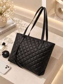 1pc Women's Quilted Diamond Tote Bag, Large Capacity Commuter Shoulder Bag, Minimalist Elegant Black Daily Handbag - M591 - View 7