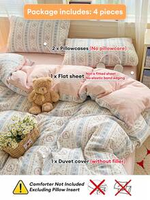 Vintage Romantic Floral Bedding Set, Synthetic Fiber, Includes 1 Duvet Cover, 1 Bed Sheet, 2 Pillowcases, Does Not Include Duvet Insert And Pillow Insert, Pillowcase Pattern Randomly Cut, - Pink - View 5