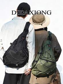Black One Shoulder Crossbody Bag, Functional Outdoor Chest Bag With Drawstring Design, Adjustable Strap, Anti-Theft, Men's Travel Hiking Daily Sling Bag - Multicolor - View 3