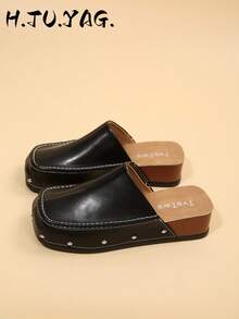 Women's New Autumn/Winter French Retro Versatile Flat Slip-On Shoes, Soft Sole With Thermal Lining, Square Toe Commuter Casual Beach Slides - Black - View 2