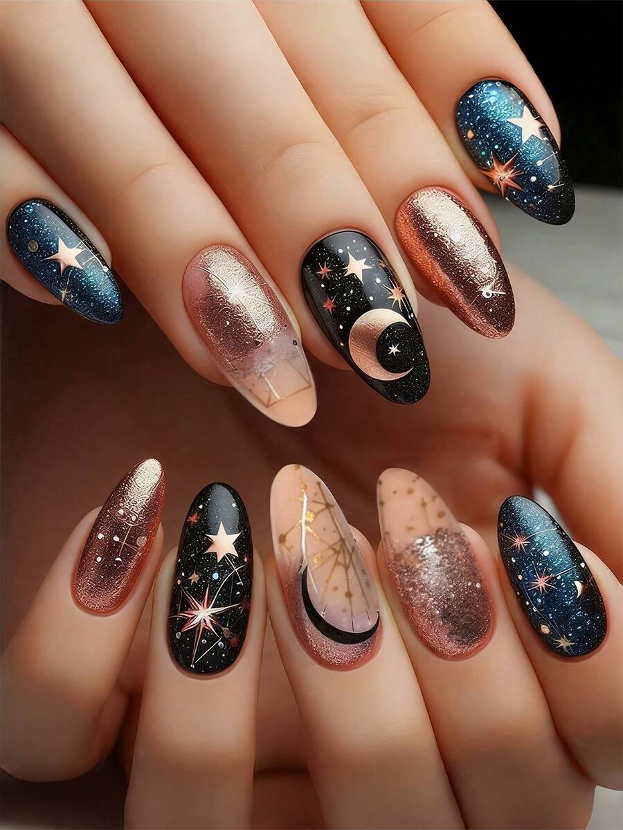 24片中號杏仁形人造指甲,法式星空圖案可拆卸假指甲,適合派對、舞會與日常佩戴 - 彩色 - 查看 1