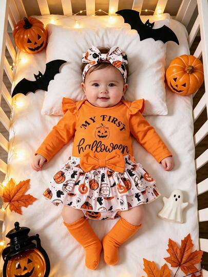2pcs Baby Girl Cute Letter Pumpkin Pattern Long Sleeve Bodysuit & Pants, Headband, Leg Warmers Set, Thin Spring/Autumn Holiday