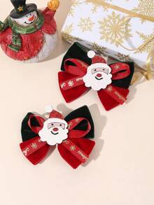 2入組聖誕老人補丁天鵝絨蝴蝶結女孩髮夾 紅綠配色 grosgrain 緞帶裝飾鱷魚夾 節日派對日常用兒童髮飾 - 彩色 - 查看 9