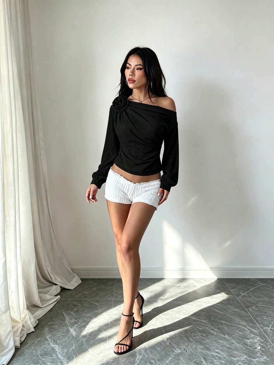 女款秋季不對稱肩鬆身長袖3D花卉上衣，玫瑰結設計純色休閒長袖襯衫，適合秋冬疊穿