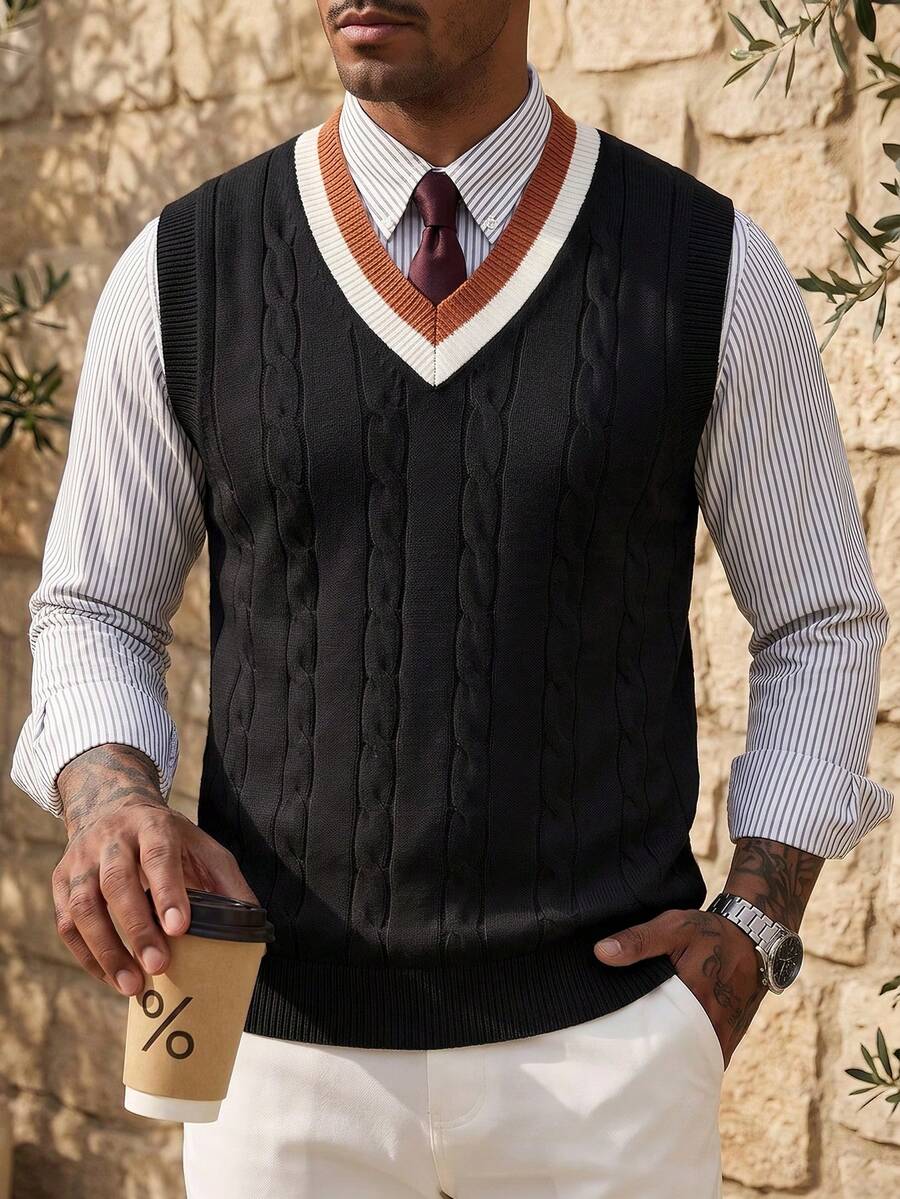 ALTZTAR Men's College Style Patchwork Cable Knit V-Neck Sweater Vest - Black - View 1