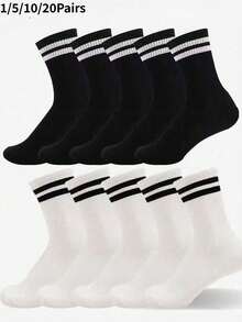 1/5/10/20 Pairs Women's Striped Mid-Calf Socks, Classic Double Stripe Mid-Calf Socks, Suitable For Daily Wear, School, Outdoor Activities And Casual Sports Socks For Sneakers - Black and White - View 11