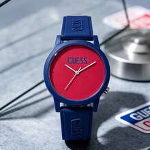 GUESS Colorblock Silicone Quartz Watch - Vibrant Red Dial With Deep Blue Case And Embossed Logo Strap, Colorful Fashion Gift Watch, Unisex - Black - View 9