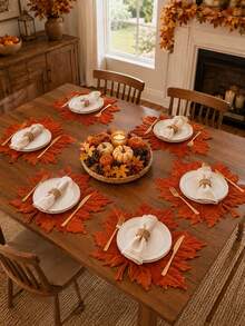 1/4/6PCS Orange Maple Leaf Linen Placemats, Rustic Autumn Leaf Shaped Table Mats, Farmhouse Heat Resistant Dining Place Mats For Thanksgiving Table Decor, Fall Kitchen Dining Room Party And Seasonal Home Decoration - Multicolor - View 8
