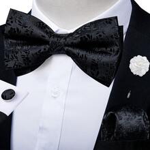 4Pcs Men Black Floral Jacquard Bow Tie Pocket Square Cufflinks Boutonniere Set For Wedding Business Party - Black - View 2
