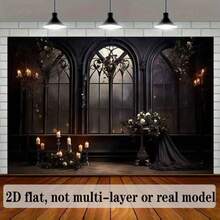 2D Flat Banner Gothic Arch Window Candlelight Background, 1pc Polyester Banner With Vine Decoration, Suitable For Photography Studio Portrait, General Use, No Electricity Required, Ideal For Spring/Summer Events - Multicolor - View 4