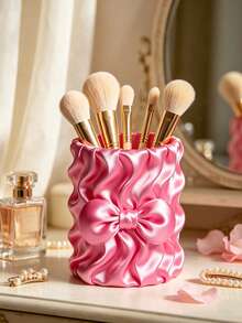 Cute Bow Satin Makeup Brush Holder, Pleated Silky Cosmetic Storage Cup, Decorative Desktop Storage Container Suitable For Vanity, Girls Makeup Accessories - Multicolor - View 5