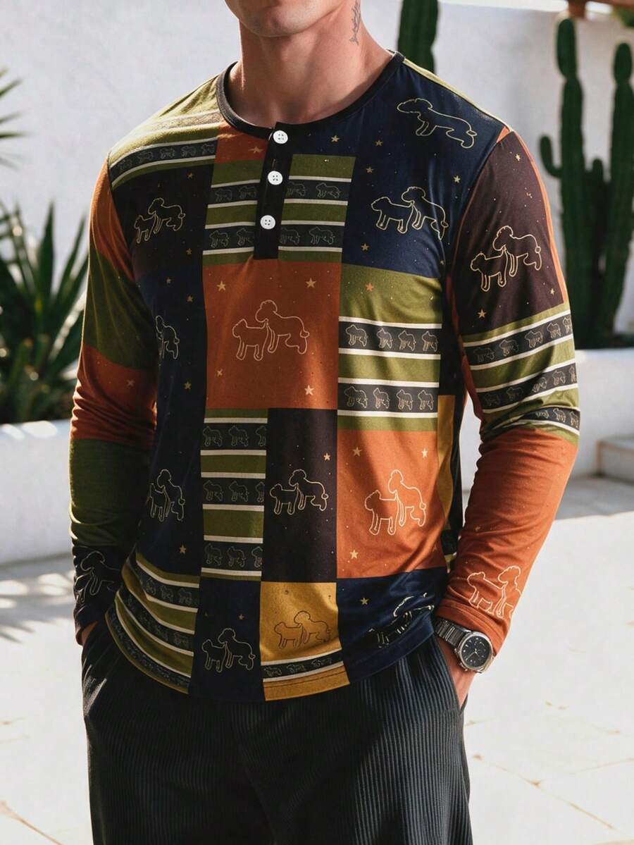 Men's Vintage Patchwork Animal Sketch Print Henley Collar Long Sleeve Shirt, 3-Button Casual Vacation T-Shirt - Multicolor - View 1