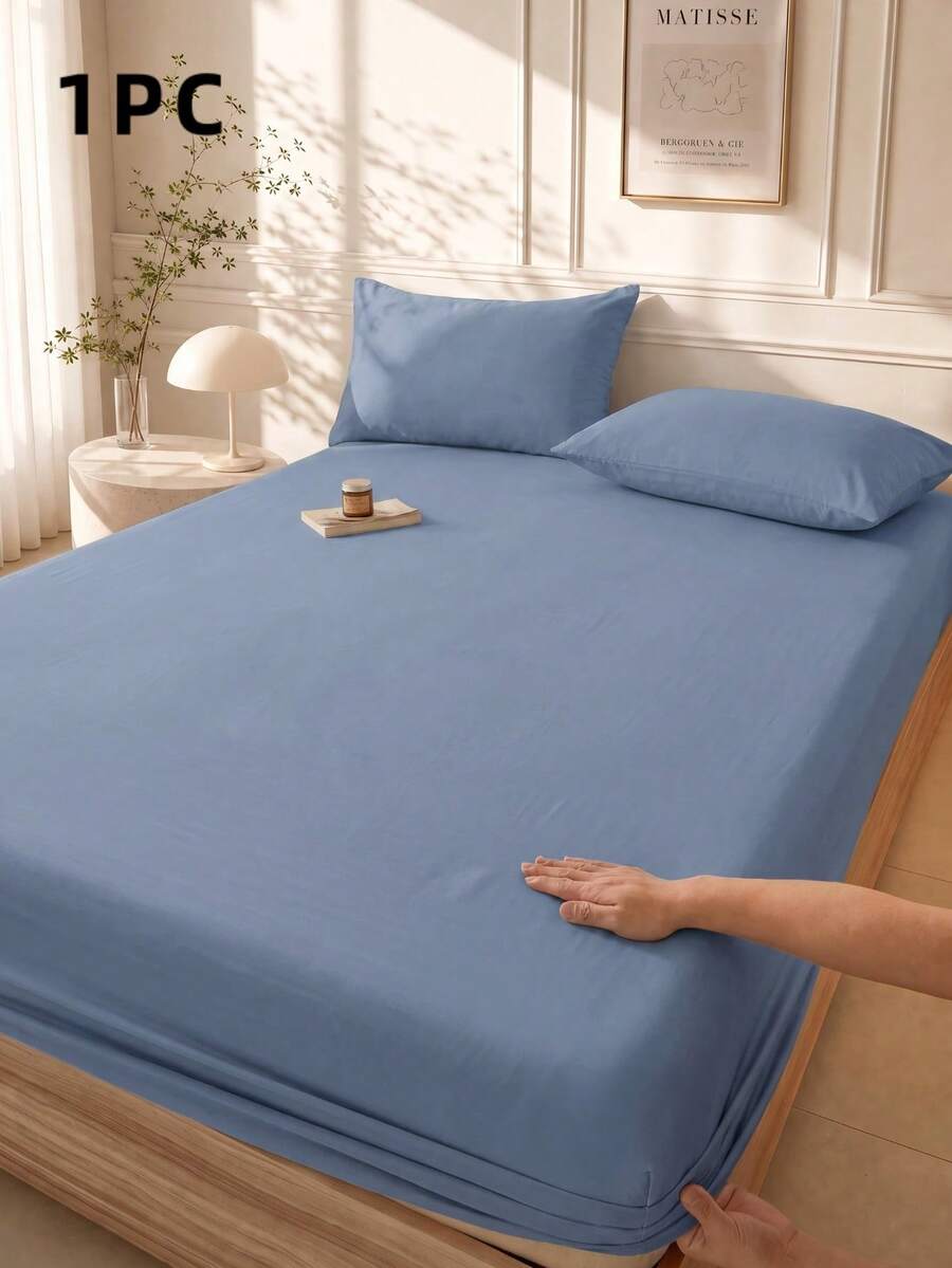 1pc Solid Gray Blue Fitted Sheet, Mattress Protector, Mattress Cover, Fitted Sheet, Soft & Breathable, Twin, Full, Queen, King, Deep Pocket Design Up To 11.8 Inches, Breathable & Wrinkle-Resistant, Machine Washable, Dorm Bedding, Back To School - Dusty Blue - View 1