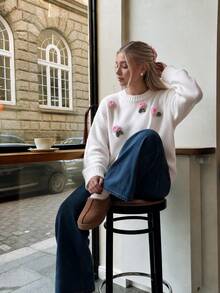 NOVELLE Women's Elegant White Knit Sweater With Pink Roses, Crew-Neck Sweet Top For Autumn & Winter, For Shopping, Dates, Commute & Parties - White - View 2