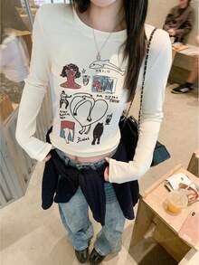 Women's Round Neck Long Sleeve T-Shirt, Spring/Autumn New Cartoon Pattern & Letter Print, American Hot Girl Style, Fashion Casual Versatile Slim Fit Cropped Top - White - View 9