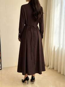 Women's Elegant Casual Stand Collar Long Sleeve Minimalist Slit Long Robe/Dress 2-In-1 (Zipper Adjustable Slit) Solid Color Back Tie Zipper For Daily Wear And Dating - Coffee Brown - View 5