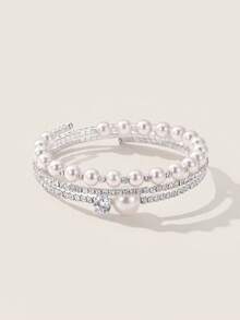 Valisandre 1pc Fashionable Luxurious Rhinestone & Faux Pearl Hinged Bangle Bracelet, Suitable For Wedding And Daily Wear - Silver - View 2