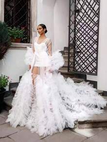 Gaun Pengantin Gaya Peri Impian Eropa & Amerika dengan Ekor Panjang dari Tulle, Gaun Pertunjukan Serbaguna Jubah Panjang dengan Ekor - Putih - View 1