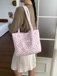 Printed Tote Bag Large Capacity Commuter Handbag Minimalist Casual Shopping Bag Lightweight Shoulder Tote Bag - Pink - View 7