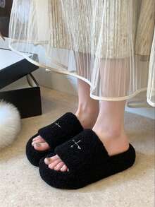 Women's New Winter Thick Sole Fur Slippers Outdoor Wear Autumn/Winter Slouchy Versatile Open Toe Flat Slippers Indoor Home Office Spring/Autumn - Black - View 4