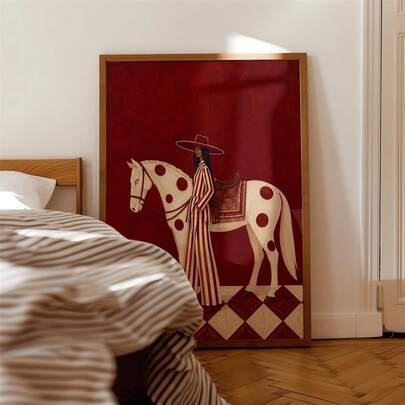 1pc Unframed 2D Flat Woman Beside Spotted Horse - Modern Folk Art Print,Suitable For Room Decoration Living Room Bedroom Bathroom Corridor Sofa Background Home Decoration