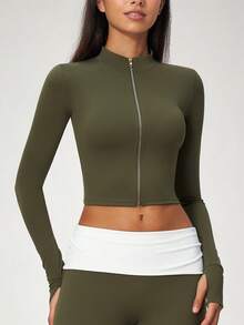 NcmRyu Women's 1pc Solid Color Stand Collar Zipper Thumbhole Cuff Short Jacket Coat, Autumn/Winter - Green - View 9