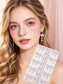 1pc Pink Heart Butterfly Face Rhinestone Sticker With Tweezers, Stage Party Music Festival Face Decoration Sticker, Self-Adhesive Crystal Face Sticker No Glue Needed - Pink - View 1
