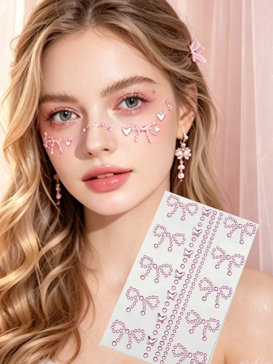 1pc Pink Heart Butterfly Face Rhinestone Sticker With Tweezers, Stage Party Music Festival Face Decoration Sticker, Self-Adhesive Crystal Face Sticker No Glue Needed - Pink - View 1
