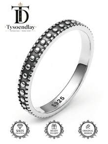 Tysoendlay S925 Sterling Silver Oxidized Studded Band Ring, Vintage Black Dot Texture Minimalist Ring, Retro Punk Gothic Stackable Jewelry For Women Men - Silver - View 4