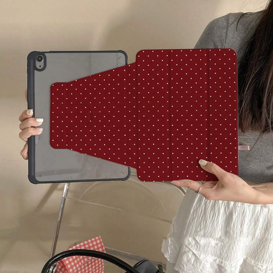 Ins Retro Burgundy With White Polka Dot Protective Case, 360 Degree Rotation With Pen Slot, Horizontal And Vertical Screen Rotation Multi-Angle Support Anti-Drop Anti-Bend Tablet Shell, Suitable For IPad12/11 Inch (2026), 11 (2025), Air7 (2025), IPad7/8/9, Air4/5/10, Air6 11 Inch, Pro11, Air8 11 Inch (2026 M4), Air8 13 Inch (2026 M4) 2026 New Minimalist Tablet Protective Case - Red - View 1