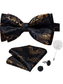 4Pcs Men Black Diamond Pattern Bow Tie Pocket Square Cufflinks Boutonniere Set For Wedding Business Party - Black - View 1