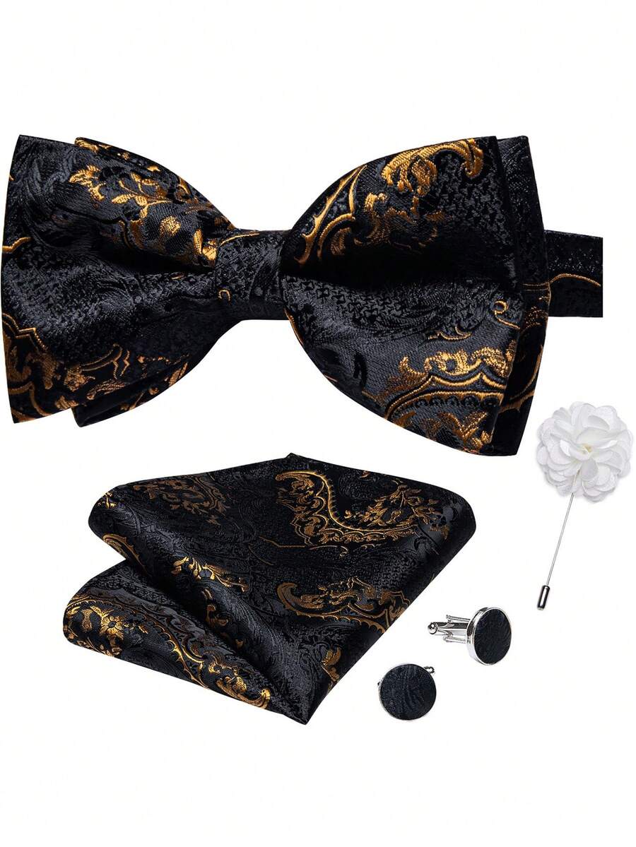 4Pcs Men Black Diamond Pattern Bow Tie Pocket Square Cufflinks Boutonniere Set For Wedding Business Party - Black - View 1