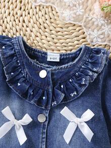 Girls' Cute Ruffle Trim Round Neck 3D Bow Decor Denim Jacket, Small Bow & Heart Print Bell Sleeve Pleated Hem Denim Cardigan - Royal Blue - View 2