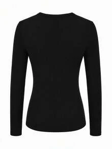 Rivet Decor Round Neck T-Shirt, Versatile Fitted Slim Fit Long Sleeve Top For Women Casual Black Autumn - Black - View 6