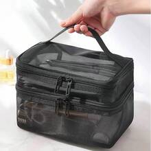 1 buah Tas Kosmetik Jala Dua Lapis, Tas Penyimpanan Jala Dua Lapis Transparan Hitam Kapasitas Besar Portabel untuk Dibawa dengan Tangan, Tas Perlengkapan Mandi dengan Desain Bukaan Lebar untuk Akses Mudah dan Desain Kompartemen untuk Pencarian Mudah - MultiWarna - View 2