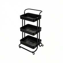3-Tier Utility Rolling Cart With Handle, Metal And Plastic Storage Organizer For Kitchen And Bathroom, Mesh Shelves, 42x35.5x86cm - Black - View 11