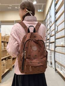 Women Sweet Bow Print Corduroy Backpack, Pink Quilted Diamond Pattern Large Daypack Multi‑Zipper Pockets Casual Rucksack For Teen Girls School - Multicolor - View 7