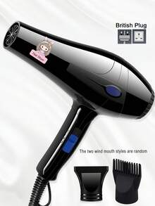 1pc High Power Hair Dryer Rabbit Girl UV Transfer Nylon Durable Shell One-Touch Control Powerful Airflow Hot & Cold Adjustable Temperature Multi-Speed Concentrator Nozzle Home Salon Hair Styling Tool Random Style Wall Plug - Black - View 2