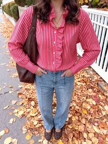 Women's Red & White Striped Stand Collar Ruffle Button Long Sleeve Loose Blouse, Vintage Preppy Style, Casual Commute Outfit - Red - View 1