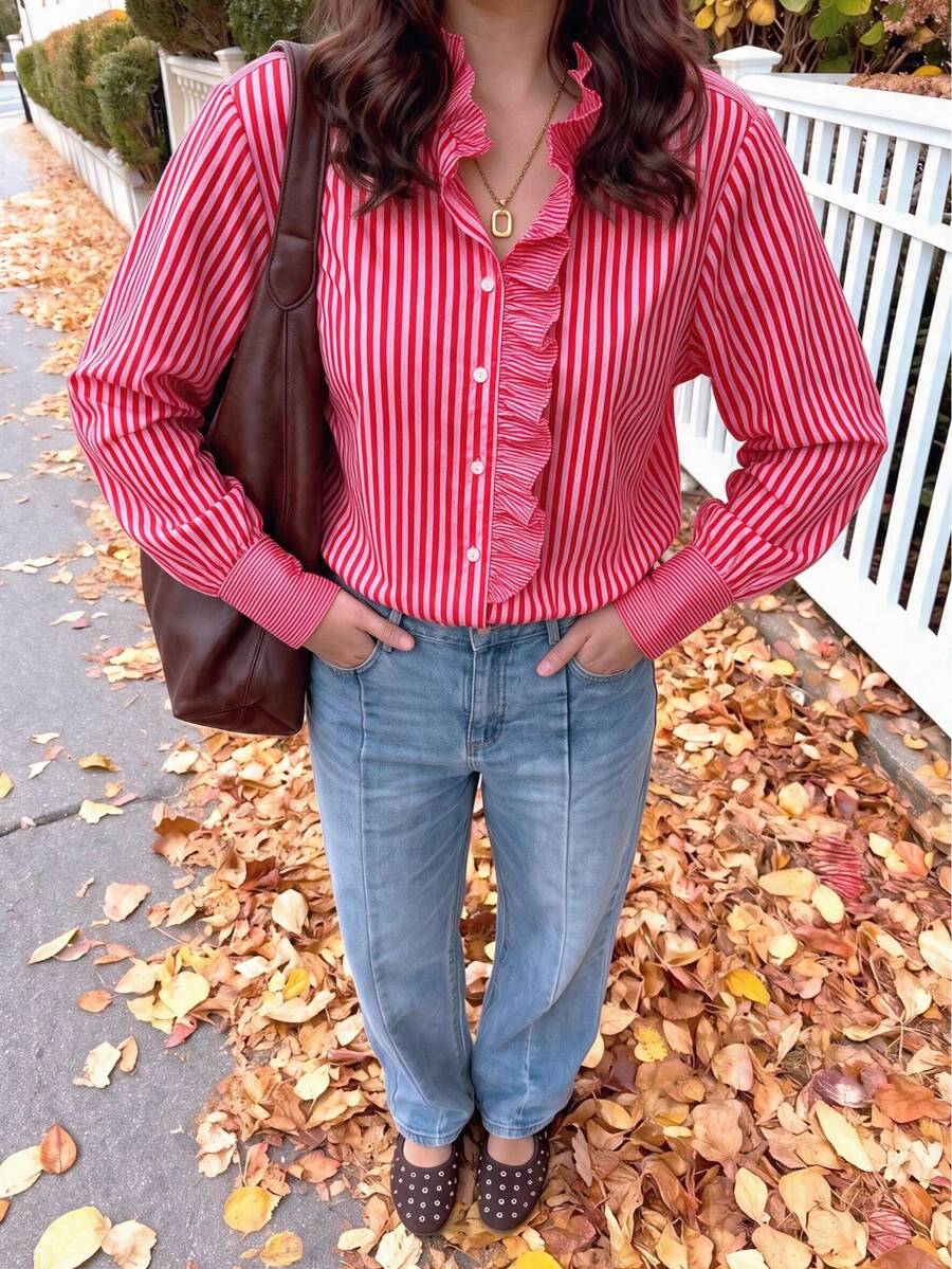 Women's Red & White Striped Stand Collar Ruffle Button Long Sleeve Loose Blouse, Vintage Preppy Style, Casual Commute Outfit - Red - View 1